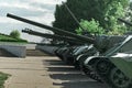 MOGILEV, BELARUS MAY 21 2023 Old cannon from the Second World War aimed at the sky Monument to old weapons close-up Symbol of the