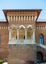 Mogosoaia/Romania - 07.29.2020:Architectural detail with a balcony of the Mogosoaia Palace built in Brancovenesc architectural