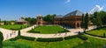 Mogosoaia, Romania - August 05, 2018: tourist visiting Mogosoaia Palace near Bucharest, Romania. Panorama of courtyard showing kit