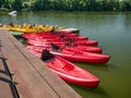 Mogosoaia/Romania - 07.29.2020: Many sit on top kayaks for rent on Mogosoaia Lake