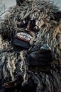 Mohacs, Baranya / Hungary - FEB 26 2017 : traditional participant called buso of the busojaras event holding a bottle of spirits