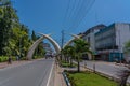 Moi Avenue with the Mombasa `Tusks` portal. Symbolic `Tusks` in city center Mombasa. Royalty Free Stock Photo