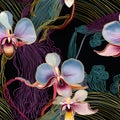 Moire seamless pattern with orchids, tropical exotic flowers, intricate fabric textile, colorful floral whimsical design for cloth