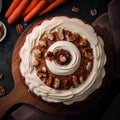 A moist carrot cake studded with nuts and raisins, covered in a creamy swirl of cream cheese frosting. Ai generated Royalty Free Stock Photo
