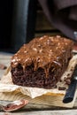 Moist chocolate cake with milk chocolate topping glaze Royalty Free Stock Photo