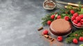 moist chocolate cake surrounded by fresh raspberries and festive greenery, perfect for celebrations Royalty Free Stock Photo