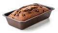 Moist Chocolate Chip Loaf Cake in Baking Pan Isolated on White Background Royalty Free Stock Photo