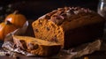 A moist and fluffy pumpkin bread with warm spices created with Generative AI Royalty Free Stock Photo