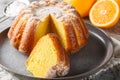 Moist Orange Pound Cake with Orange Zest close-up on a plate. Horizontal Royalty Free Stock Photo