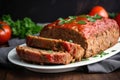 Moist and tender meatloaf made with a blend of ground beef and pork, garnished with sliced tomatoes and fresh parsley