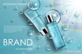 Moisture cosmetic tubes banner ads. Skin care cosmetic product bottles with soap bubbles. Lotion, perfume packing with