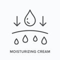 Moisturiser cream flat line icon. Vector outline illustration of skin and drops. Black thin linear pictogram for