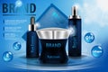 Moisturizing cosmetic ads template, 3D illustration cosmetic product mockup upon water. Cream, spray serum and pure