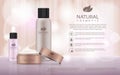 Moisturizing cosmetic products ad, llight beige bokeh background with beautiful containers 3d illustration.