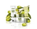 Moisturizing cream jar with milk lotion, face, body and hand cream with olive oil. Cosmetic poster ad with green olives