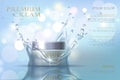 Moisturizing effect cosmetic ad template. Aqua water splash drop 3d detailed realistic illustration. Promoting banner blue