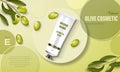 Moisturizing hand cream jar product ad with olive oil. Cosmetic poster ad with green olives and circular disks Royalty Free Stock Photo