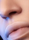 Moisturizing lip balm, lipstick. Close-up of beautiful lips. Full lips with natural lip makeup. Filler Injections Royalty Free Stock Photo