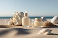 Moisturizing oils and lotions for tanning on a beach against the sea