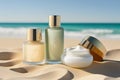 Moisturizing oils and lotions for tanning on a beach against the sea