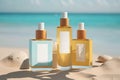 Moisturizing oils and lotions for tanning on a beach against the sea