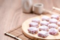 moji , Kagami mochi , Mochiko , sweet on wood table , Japan sweet