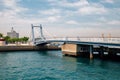 Mojiko retro town. Blue wing moji bridge on sea in Kitakyushu, Japan