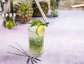 Mojito cocktail alcohol bar long drink traditional Cuba fresh tropical beverage top view copy space two highball glass, with rum, Royalty Free Stock Photo