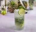 Mojito cocktail alcohol bar long drink traditional Cuba fresh tropical beverage top view copy space two highball glass, with rum, Royalty Free Stock Photo