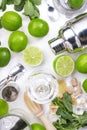 Mojito cocktail alcohol long drink making. Mint, lime, ice, white rum, cane sugar ingredients and bar utensils. Top view, white Royalty Free Stock Photo