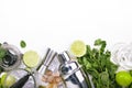 Mojito cocktail alcohol long drink making. Mint, lime, ice, white rum, cane sugar ingredients and bar utensils. Top view, white Royalty Free Stock Photo