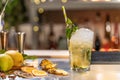 Mojito cocktail on bar counter with lemons, limes and species with copy space for text. Royalty Free Stock Photo