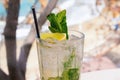 Mojito cocktail close-up with blurred background. Mojito cocktail in a glass with yellow lemon and green mint leaves Royalty Free Stock Photo