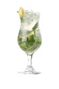 Mojito cocktail drink in a tall glass with lime and ice isolated on a white background Royalty Free Stock Photo