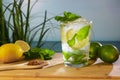 A mojito cocktail with fresh lemons, limes, mint leaves and a wooden spoon with brown sugar Royalty Free Stock Photo