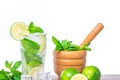 Mojito cocktail with fresh lime, mint leaves and ice cubes. Mojito cocktail Ingredients Royalty Free Stock Photo