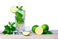 Mojito cocktail with fresh lime, mint leaves and ice cubes in a transparent glass Royalty Free Stock Photo