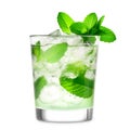 Mojito cocktail, garnished with fresh mint and a slice of lime in a tall glass