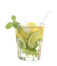 mojito cocktail in a glass glass with lime, mint and lemon on a white isolated background Royalty Free Stock Photo