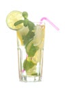 Mojito cocktail in a glass glass with lime, mint and lemon on a white isolated background Royalty Free Stock Photo