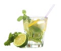 Mojito cocktail in a glass glass with lime, mint and lemon on a white isolated background Royalty Free Stock Photo