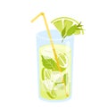 Mojito cocktail in glass with straw, summer alcohol drink with mint, lime and rum