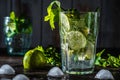 Mojito cocktail in a highball glass and ingredients on a rustic table with dark background Royalty Free Stock Photo