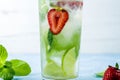 Mojito cocktail with ice cubes. Glass of Summer lemonade or ice tea. Refreshing cool detox drink with strawberry, lime and mint on Royalty Free Stock Photo