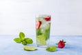 Mojito cocktail with ice cubes. Glass of Summer lemonade or ice tea. Refreshing cool detox drink with strawberry, lime and mint on Royalty Free Stock Photo