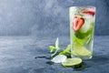 Mojito cocktail with ice cubes. Glass of Summer lemonade or ice tea. Refreshing cool detox drink with strawberry  lime and mint on Royalty Free Stock Photo