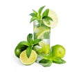 Mojito cocktail with ice isolated over white background. Fresh mohito drink with lime and mint