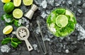 Mojito cocktail ingredients lime mint leaves ice Royalty Free Stock Photo