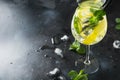 Mojito cocktail or lemonade with lime and mint in glass on black. Summer drink Royalty Free Stock Photo