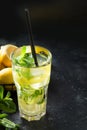 Mojito cocktail or lemonade with lime and mint in highball glass on black table. Close up. Summer drink Royalty Free Stock Photo